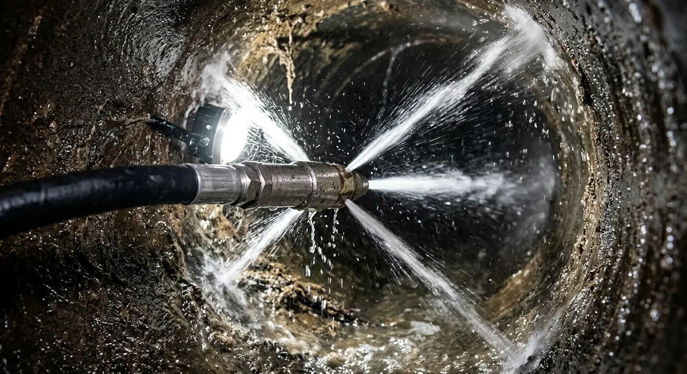 High-pressure hydro jetting nozzle cleaning sewer pipe for Sewer Line Relining in Cliffside Park
