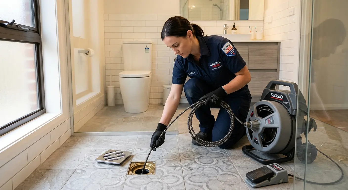 Technician clearing a bathroom floor drain for Clogged Drain Repair in Cliffside Park